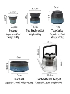 Schema con dimensioni dettagliate per i componenti del set da tè kung fu in ceramica.