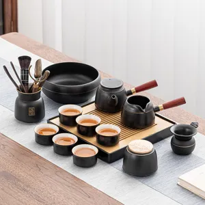 Collezione Servizio da Tè Cinese Gongfu Ceramica Dorata Teiera con Manico Laterale Tazze Vassoio Cerimonia del Tè Confezione Regalo