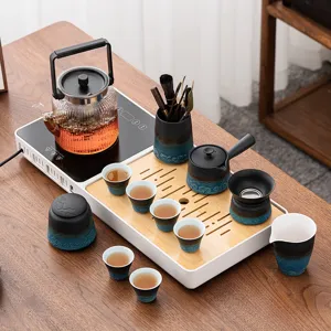 Set da Tè Gongfu Automatico Moderno Con Bollitore Elettrico in Vetro Vassoio da Tè in Bambù Tazza in Ceramica Accessori Ufficio Casa