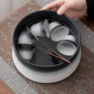 Ceramic tea wash basin set with cups and wooden clip for Japanese Zen tea ceremony