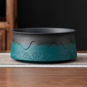 Zen style ceramic tea wash basin gradient black green retro tea waste holder for home table