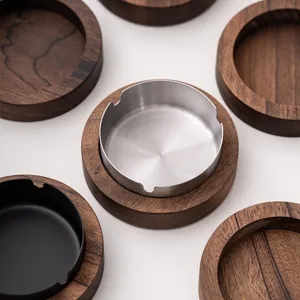 Posacenere in vero legno di noce con inserto in metallo design rotondo moderno per casa ufficio