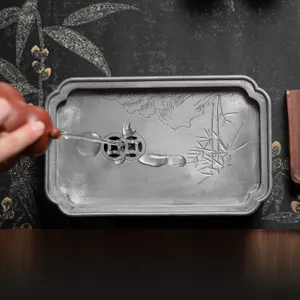 Vintage Pewter Tea Tray Kung Fu Tea Set Water Storage Tea Pot Holder for Tabletop