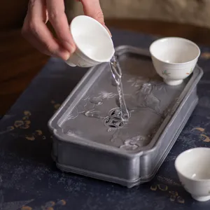 Retro pewter teapot holder tea tray set for Chinese kung fu tea ceremony, antique style main image