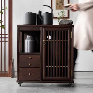 Chinese Style Walnut Wood Mobile Tea Cart Serving Table Solid Wood Tea Water Cabinet Sideboard With Universal Wheels Storage Furniture For Home Living Room