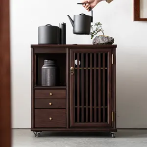 Walnut solid wood mobile tea cart and tea cabinet for home use with wheels and drawers.