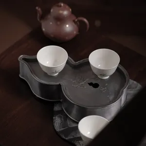 Vintage Zinn Flaschenkürbisform Teekannenhalter Chinesisch Kung Fu Tee Set Tablett Mit Wasserspeicher Hohler Deckel Handgehämmert Metall Handwerk Dekor Für Zuhause
