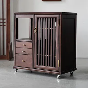 Solid wood walnut tea cart mobile tea table chinese style tea cabinet with wheels for home use