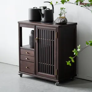 Solid wood tea cart mobile tea table with kettle storage cabinet for home living room zen