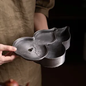 Antiker Zinn Kuerbis Teetablee Tablett handgemachte Metall Kung Fu Teekanne Halter Basis Matte