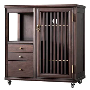 Solid wood mobile tea cart with drawers and wheels for home living room and office use.