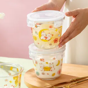 Joli bol à soupe en verre lapin avec couvercle, boîte à lunch portable micro-ondes.