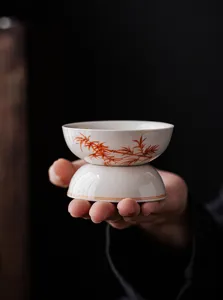 Ceramic tea strainer detail view featuring classic red bamboo pattern for kung fu tea sets.