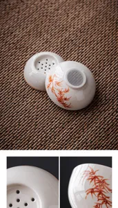 Ceramic tea strainer detail view, traditional bamboo pattern tea filter accessory for kung fu tea.