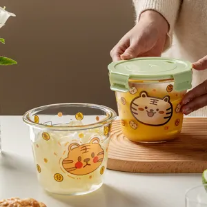 Cartoon Tiger Glass Food Storage Container With Lid Microwave Safe Heat-resistant Glass Soup Bowl Bento Box For Home Office School