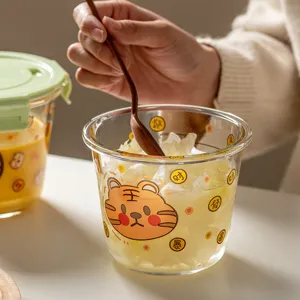 Cute tiger glass soup bowl with lid, large capacity sealed lunch box for home and office use.