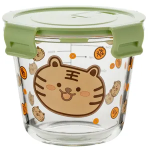 Cute Tiger Glass Food Storage Container with Green Lid Microwave Safe Meal Prep Lunch Box