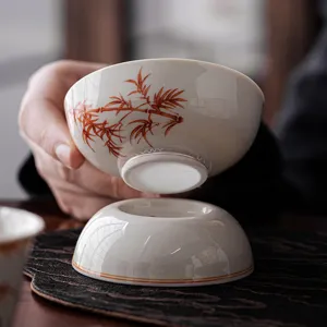 Ceramic Tea Strainer Set Traditional Iron Red Bamboo Lingzhi Pattern High Grade Tea Filter Gongfu Tea Accessories For Home Office
