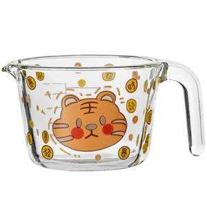 Clear glass measuring cup with cute tiger pattern, heat resistant scale baking cup for milk.