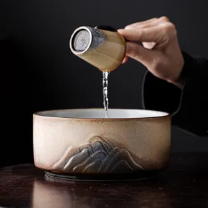 Grote keramische theewasschaal met bergreliëf, antieke Kung Fu theeset accessoire.