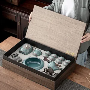 Set da tè in ceramica in stile Ge cinese retrò con elegante confezione regalo in legno.