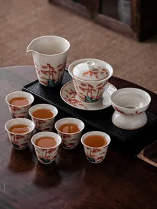 Retro Chinesisches Keramik Kung Fu Teeservice Alaunrot Bambus Muster Gaiwan Tassen Set Mit Geschenkbox Luxus Büro Haus Teegeschirr