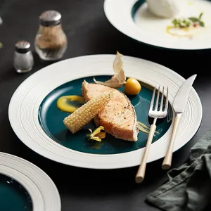 Ins Style Ceramic Dinner Plate Brushed Texture Green Round Steak Pasta Salad Plate For Western Food Fine Dining Home Banquet