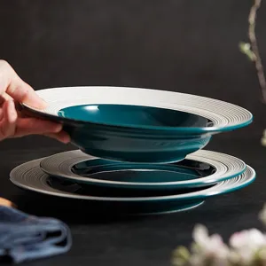 Brushed ceramic dinner plate set, elegant straw hat bowl for pasta, salad, and steak meals.