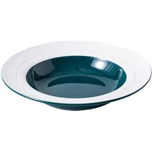 Ceramic pasta plate with white textured rim and dark green deep bowl for western food.