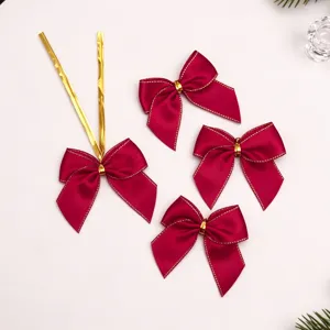 Lazos navideños de poliéster rojo con alambre dorado para árbol de Navidad y decoración.