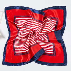 Imitation silk square scarf, professional red and navy blue striped design for women.