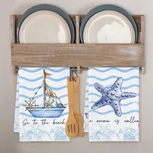 Ocean themed microfiber dish towels with sea star and boat prints for kitchen cleaning.