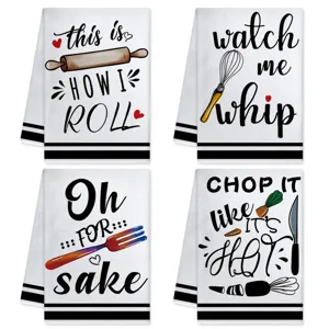 Funny kitchen dish towels set of 4 absorbent cotton hand towels with humorous cooking quotes.