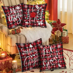 Christmas plaid throw pillow covers 4pcs, festive red and black cushion cases for holiday home decor.