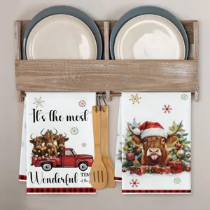 Kerst Hooglandse koe keukendoek set, feestelijke rode truck vaatdoek katoen.