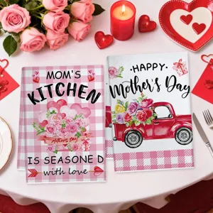 Set di strofinacci da cucina rosa a quadri per la festa della mamma con stampa floreale e camion.