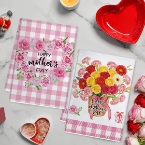 Set strofinacci cucina Festa della Mamma scozzese rosa stampa floreale dettaglio