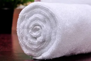Close-up of a rolled white cotton towel, showing soft loop texture for hotel and salon use.