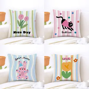 Fodera per Cuscino Decorativa Simpatico Gatto Coniglietto Cartone Animato Stampa Floreale Morbido Poliestere Fodera per Cuscino Per Soggiorno Divano