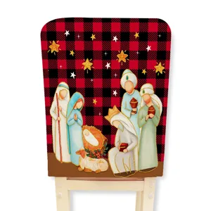 Christmas Nativity scene chair cover, red and black buffalo plaid holiday dining room decor.