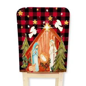 Christmas Nativity scene chair cover red black buffalo plaid holiday dining room decor