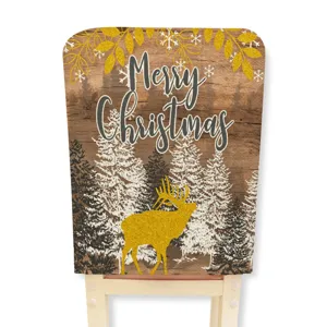 Christmas chair cover retro wood grain gold elk holiday home restaurant party decor display