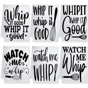 Set di sei strofinacci da cucina bianchi e neri con stampa inglese e motivi carini.