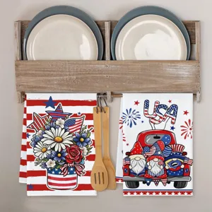 Πατριωτικό σετ πετσετών κουζίνας USA με vintage φορτηγάκι και λουλουδάτο σχέδιο.