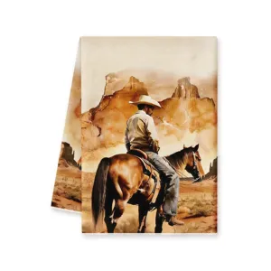 Vue détaillée du torchon de cuisine imprimé cowboy western vintage avec paysage de canyon.