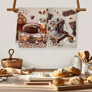 Gros plan sur la serviette de cuisine sur le thème du café avec impression rétro.
