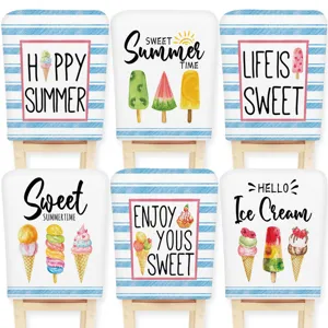 Summer Sweet Ice Cream Printed Chair Cover Blue And White Striped Stretch Flannel Chair Back Cover For Restaurant Party