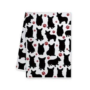 Asciugamano da cucina con sagoma di corgi e impronte di zampe rosse, panno assorbente.