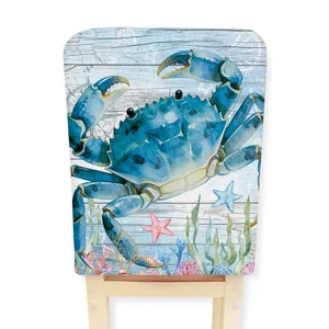 Marine watercolor blue crab chair cover for dining room decor, soft velvet fabric half-wrap.