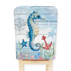Nautical watercolor print chair cover, ocean seahorse starfish design, soft fabric home decor.
